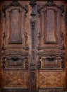 Ancient brown hard wooden door window, Beautiful church entry to the house of christian god Royalty Free Stock Photo