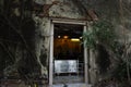 Ancient buddha statue in antique old ruins ubosot of abandoned temple for thai people travel visit respect praying holy worship in