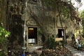 Ancient buddha statue in antique old ruins ubosot of abandoned temple for thai people travel visit respect praying holy worship in