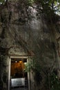 Ancient buddha statue in antique old ruins ubosot of abandoned temple for thai people travel visit respect praying holy worship in