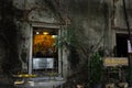 Ancient buddha statue in antique old ruins ubosot of abandoned temple for thai people travel visit respect praying holy worship in