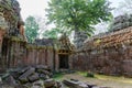 Overgrown ruins on Ta Prohm Temple, Angkor, Siem Reap, Cambodia. Big roots over the walls of a temple. Royalty Free Stock Photo