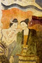 Ancient Buddhist temple mural depicting a Thai daily life