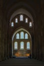 Ancient building of medieval French abbey with huge ceiling and windows. Abbey of Fontenay, Burgundy, France, Europe