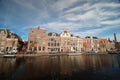 Ancient buildings with canals in the inner city of the town Leiden in t Netherlands. Royalty Free Stock Photo