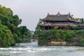 The ancient buildings and river in the Dujiangyan Irrigation System