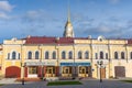 Ancient buildings with signboards stylized antique. Historical center of Rybinsk