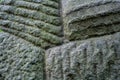 Ancient, weathered carved stone blocks. Decorative masonry overgrown, green moss