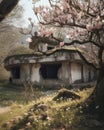 An ancient bunker shattered yet still standing with blooming magnolias sprouting up through the broken concrete