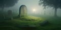 An ancient burial stone standing amidst a dense fog, with shadowy gravestones and trees at the background. Generative AI