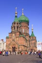 The ancient byzantine Sofia cathedral against a blue sky, Harbin, China