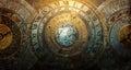 Ancient calendar with constellations and astronomical instruments against the background of stars. Symbol of science, astronomy, Royalty Free Stock Photo