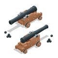 Ancient cannon with cannon balls. Artillery gun. Old cannon Flat 3d vector isometric illustration