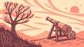 Ancient Cannon by Tree in Sunset Landscape, Historical Artifact, vector design Generative AI Royalty Free Stock Photo