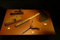 Ancient carpenter works tools at folk dress museum