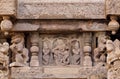 Ancient carvings with dancing women in Indian style, on ceremonial cart of Hindu temple. Old structure in India Royalty Free Stock Photo