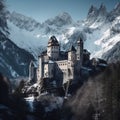 Ancient castle, on the background of alpine rocks, high towers with sharp spiers