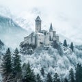 Ancient castle, on the background of alpine rocks, high towers with sharp spiers