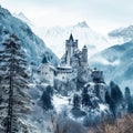 Ancient castle, on the background of alpine rocks, high towers with sharp spiers