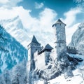 Ancient castle, on the background of alpine rocks, high towers with sharp spiers