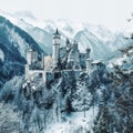 Ancient castle, on the background of alpine rocks, high towers with sharp spiers