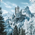 Ancient castle, on the background of alpine rocks, high towers with sharp spiers