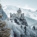 Ancient castle, on the background of alpine rocks, high towers with sharp spiers