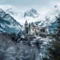 Ancient castle, on the background of alpine rocks, high towers with sharp spiers