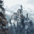 Ancient castle, on the background of alpine rocks, high towers with sharp spiers