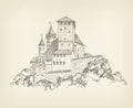 Ancient castle landscape engraving Tower building sketch skyline