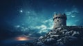 Ancient castle in misty hills under starry night sky, magical fantasy landscape, backgrounds, banner Royalty Free Stock Photo