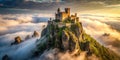 Ancient castle perched on a mountaintop above a sea of clouds at sunrise. Generative AI Royalty Free Stock Photo