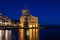 The ancient castle on the sea by night, Rapallo, Genoa Genova, Italy Royalty Free Stock Photo