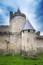 Ancient castle walls of Carcassonne fortress overlooking the southern France countryside Royalty Free Stock Photo