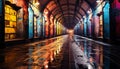 Ancient cathedral, illuminated windows, underground corridor, vanishing point, spiritual reflection generated by AI