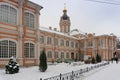 Russia, St. Petersburg, January 2022. The tower of the Fedorovskaya church and the buildings of the Lavra.