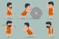 Ancient Cave Man Character Different Positions and Actions Icons Set Cartoon Design Vector Illustration