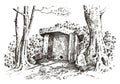 Ancient cave. prehistoric house of wood or stone rock with the remains of a man. forest landscape. habitat of pristine