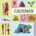 Ancient caveman, his cave and tools for hunting. Anciently human of stoneage, historic primitive dweller vector