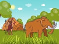 Ancient caveman standing on field near cave. Historic primitive dweller, anciently human of stoneage vector illustration