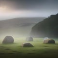 Ancient Celtic stone circles amid a serene, misty landscape2