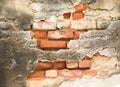 The ancient cement walls constructed of red bricks are cracked, patterned, mottled and dirty over time