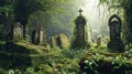 Ancient cemetery in middle of beautiful lush green grove, graves overgrown with moss and ivy.