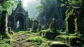 Ancient cemetery in middle of beautiful lush green grove, graves overgrown with moss and ivy.