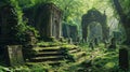 Ancient cemetery in middle of beautiful lush green grove, graves overgrown with moss and ivy. Royalty Free Stock Photo