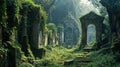 Ancient cemetery in middle of beautiful lush green grove, graves overgrown with moss and ivy. Royalty Free Stock Photo