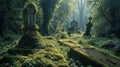 Ancient cemetery in middle of beautiful lush green grove, graves overgrown with moss and ivy.