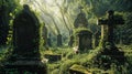 Ancient cemetery in middle of beautiful lush green grove, graves overgrown with moss and ivy.