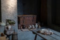 Ancient ceramic and earthenware in the castle on the floor.