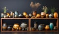 Ancient ceramics collection decorates rustic wooden shelf indoors generated by AI Royalty Free Stock Photo
